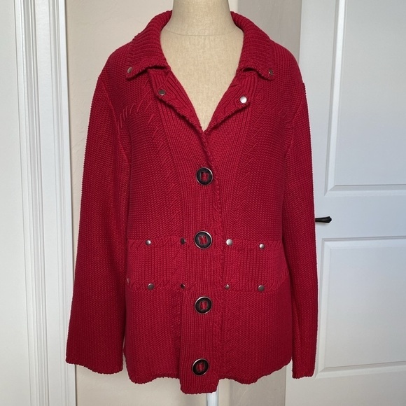 Chico’s Cardigan Sweater Womens 2/L Red Long Sleeves Festive cottage core mature - Picture 1 of 10